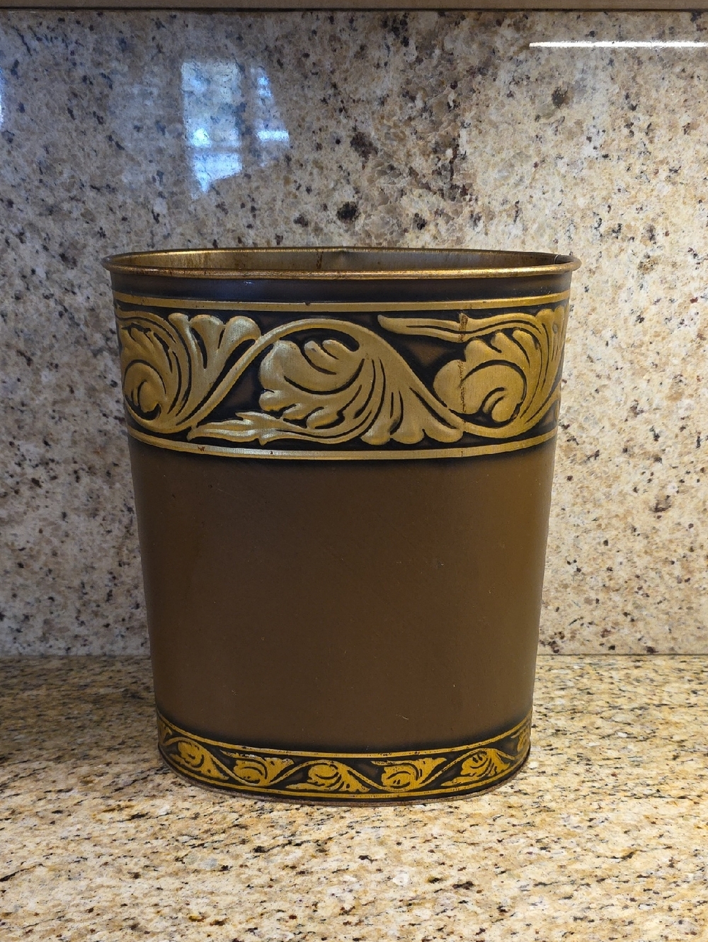Vintage Gold and Brown Metal Wastebasket Oval Trash Can with Swirly Design